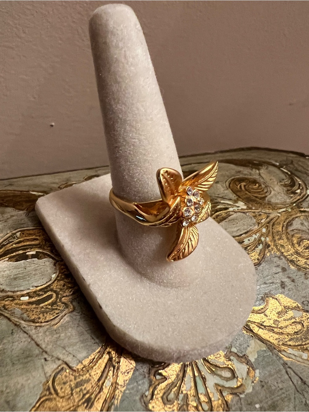 Gold Leaf Floral Ring with Crystal Accents Size 7 - Picture 2 of 6